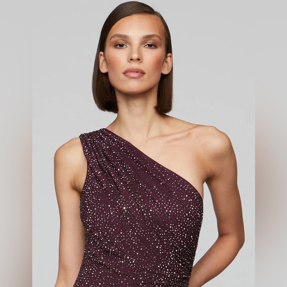 Halston Womens Rafelle Rhinestone Mesh Gown, Black Raspberry - Picture 3 of 5